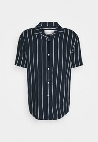 Short-sleeve shirt in navy blue with white vertical stripes; features a classic collar and button front, made of lightweight fabric.