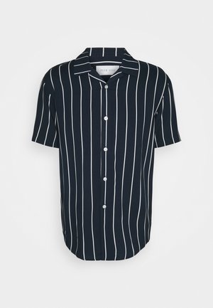 Short-sleeve shirt in navy blue with white vertical stripes; features a classic collar and button front, made of lightweight fabric.