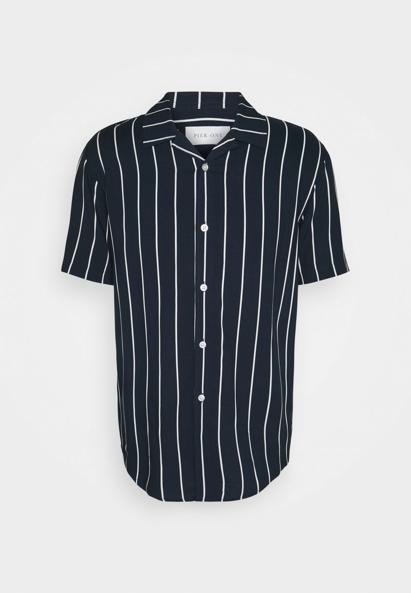 Short-sleeve shirt in navy blue with white vertical stripes; features a classic collar and button front, made of lightweight fabric.