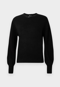 Pull en tricot noir avec un col rond, des manches longues et des poignets côtelés. Doté de perles décoratives autour du col.