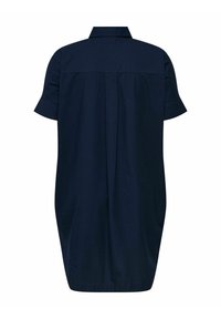 Rochie cămașă de culoare bleu marin, cu guler, mâneci scurte și o croială lejeră. Textură netedă cu detalii pliate la spate, design până la genunchi.