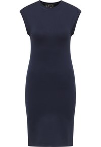 Marineblauwe mouwloze, knielange, getailleerde jurk met een ronde halslijn en lichte schouderpadding.