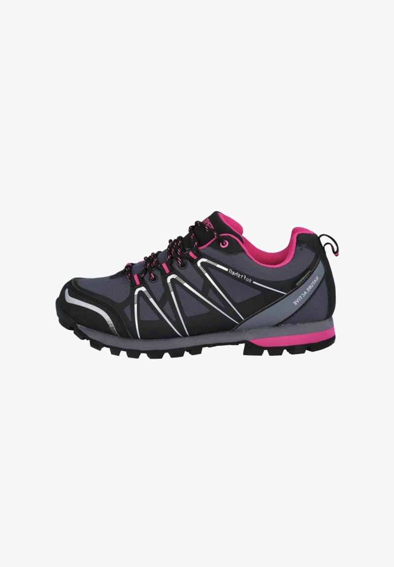 Zapatillas deportivas en negro y gris con acentos en rosa, que cuentan con una parte superior texturizada, suela de goma y detalles reflectantes a lo largo de los lados.