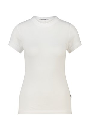 T-shirt blanc côtelé à manches courtes ajusté, col rond et manches retroussées, étiqueté "America Today" à l'intérieur du col.