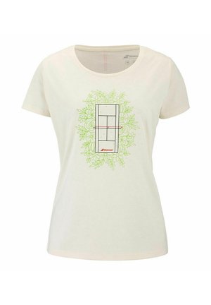 White short-sleeve t-shirt with green floral design surrounding a black and red tennis court graphic and Babolat logo in the center.