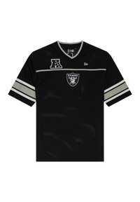 Maillot de football noir en mesh à manches courtes, avec des rayures blanches et grises, un logo "Raiders" et un emblème "A" à l'avant.