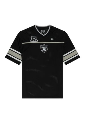 Schwarzes Mesh-Footballtrikot mit kurzen Ärmeln, featuring weiße und graue Streifen, ein "Raiders"-Logo und ein "A"-Emblem auf der Vorderseite.