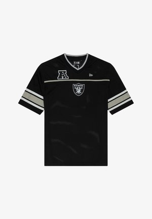 Mustapohjainen jalkapallopaita lyhyillä hihoilla, jossa on valkoisia ja harmaita raitoja, "Raiders"-logo ja "A"-symboli etuosassa.