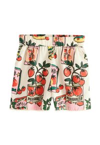 Baumwollshorts mit einem cremerfarbenen Hintergrund und einem bunten Tomatendosen-Print. Elastischer Bund und gewellter Saum, mit grünen und roten Akzenten.