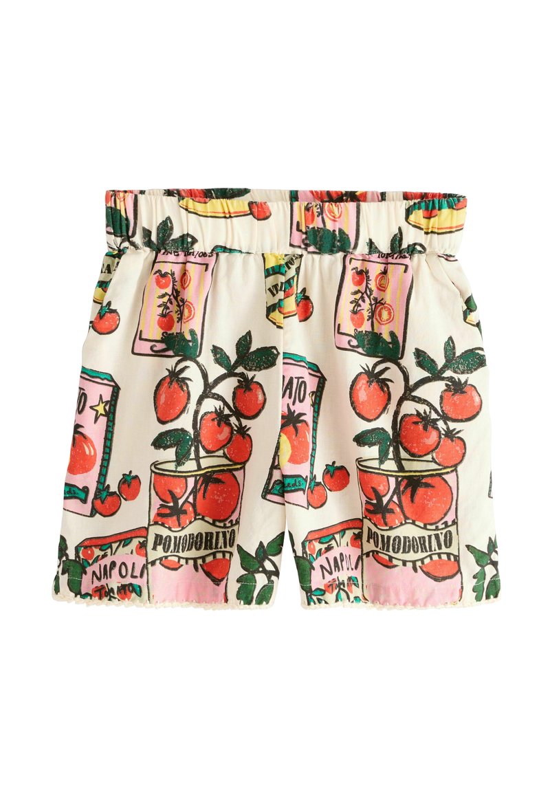 Baumwollshorts mit einem cremerfarbenen Hintergrund und einem bunten Tomatendosen-Print. Elastischer Bund und gewellter Saum, mit grünen und roten Akzenten.