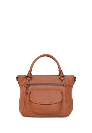 Borsa in pelle marrone con due manici, tasca frontale con cerniera e tasca con patta, mostrata su sfondo bianco.