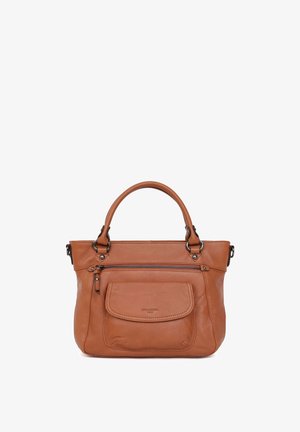 Borsa in pelle marrone con due manici, tasca frontale con cerniera e tasca con patta, mostrata su sfondo bianco.