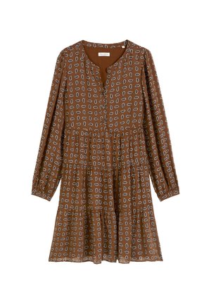 Robe longue marron à manches longues avec un design en étages, comportant un col à boutons et un motif de formes ovales blanches sur le tissu.