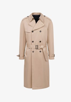 Beige Trenchcoat mit doppelter Knopfleiste, großem Kragen und verstellbarem Gürtel. Verfügt über schwarze Knöpfe und Schulterklappen.
