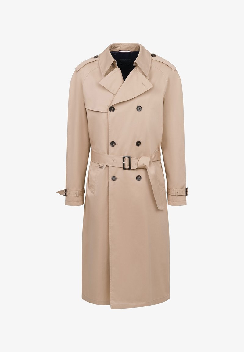 Beige trench coat with a double-breasted design, large collar, and adjustable belt. Features black buttons and epaulets on shoulders.