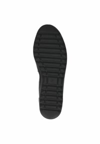 Black rubber shoe sole with textured pattern, featuring horizontal grooves for grip and a rounded toe. Marking at the center bottom.
