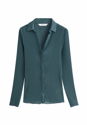 Teal blouse met lange mouwen, een kraagnek en een verticale ribbelstructuur, met een sluiting aan de voorkant met knopen. Glad stof met een subtiele glans.