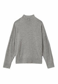 Szary dzianinowy sweter z golfem o luźnym kroju, z prążkowanymi mankietami i dołem. Miękka tekstura z gładkim wykończeniem. Brak widocznych wzorów lub akcentów.