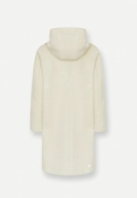 Cappotto con cappuccio di un beige chiaro, dalla vestibilità rilassata, spalle scese e una trama liscia. Presenta un cappuccio arrotondato e maniche di lunghezza media.