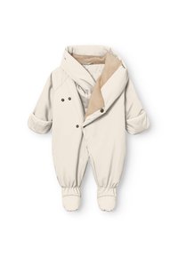 Polstret barne snowsuit i lys beige med hette, to trykknapper og elastiske mansjetter. Myk innersøm for varme og komfort.