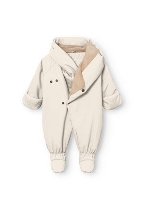 Polstret barne snowsuit i lys beige med hette, to trykknapper og elastiske mansjetter. Myk innersøm for varme og komfort.