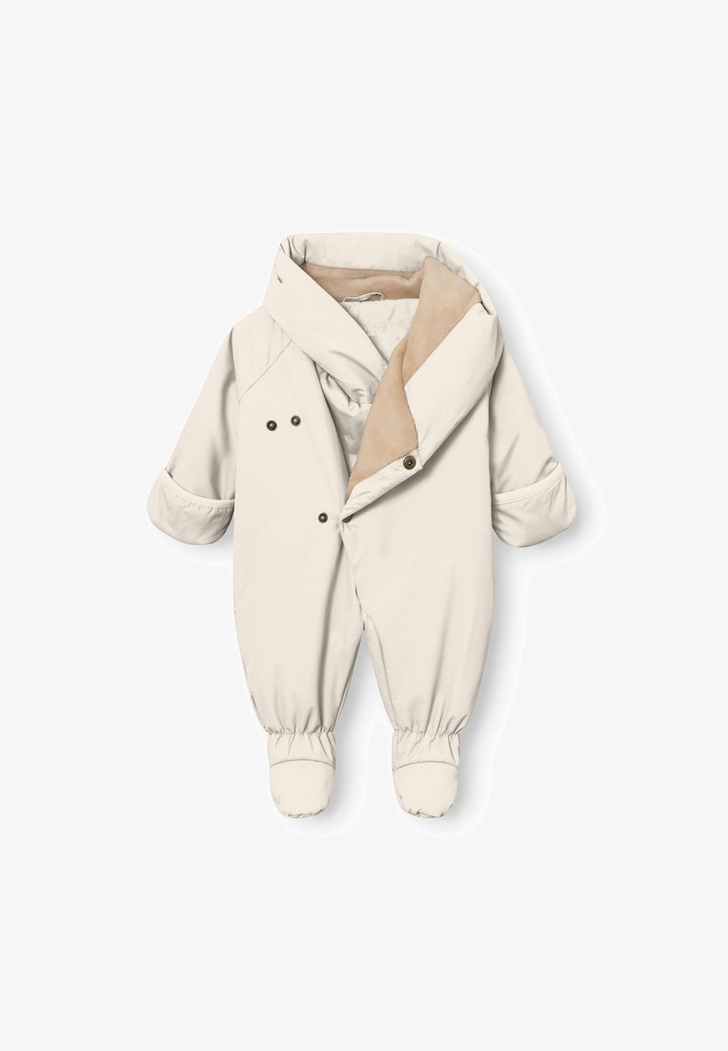 Combinaison de neige rembourrée pour bébé en beige clair avec une capuche, deux boutons-pression et des poignets élastiques. Doublure intérieure douce pour la chaleur et le confort.