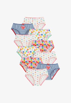 Zehn Paare bunter Kinderunterwäsche mit Herz-, Blumen- und Streifenmustern, die in einer schichtweise diagonalen Anordnung angeordnet sind.