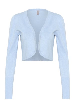 Hellblaues, kurzes Strickjäckchen aus weichem Strickstoff. Verfügt über lange Ärmel und ein gewelltes Ausschnittdesign. Keine Verschlüsse.