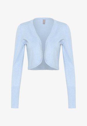 Svijetloplava skraćena kardigan izrađena od mekog pletiva. Ima duge rukave i dizajn ovratnika s valovitim rubom. Bez zatvaranja.