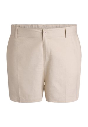 Beige afslappede shorts med elastisk talje, bæltestropper, forreste knaplukning og skræddersyede forreste sømme.