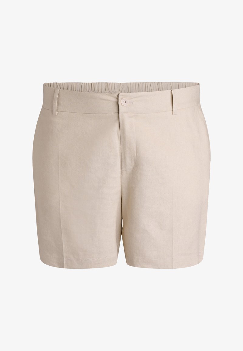 Shorts décontractés beiges avec taille élastique, passants pour ceinture, fermeture avant par bouton et coutures avant ajustées.