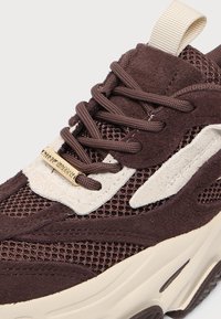 Gros plan d’une basket de sport marron et beige avec un matériau en mesh et en daim, des lacets ronds marron et une semelle beige épaisse.