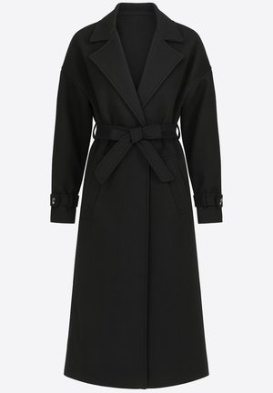 Langer schwarzer Mantel aus Wollmischung, mit tailliertem Gürtel, großen Revers und knöpfbaren Manschetten. Gerader Schnitt mit Seitentaschen.