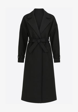 Langer schwarzer Mantel aus Wollmischung, mit tailliertem Gürtel, großen Revers und knöpfbaren Manschetten. Gerader Schnitt mit Seitentaschen.