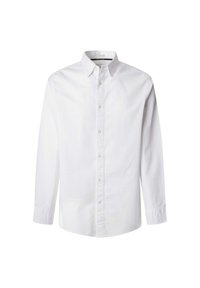 Witte, langmouwige button-up shirt gemaakt van katoen; voorzien van een klassieke kraag en knopen aan de voorkant; heeft een gladde textuur met een relaxte pasvorm.