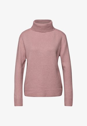 Różowy sweter z golfem wykonany z miękkiego materiału, z prążkowanym dekoltem i mankietami, o luźnym kroju i teksturowanym wykończeniu.