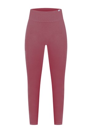 Leggings de cintura alta en un color rosa apagado, hechos de tejido elástico, con una textura suave y un diseño sin costuras.