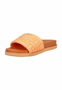 Lichtoranje slippers met een geweven bandontwerp en een soepele rubberen ondergrond. Minimalistisch profiel met een vlakke voetbed. Geen zichtbare merknaam.