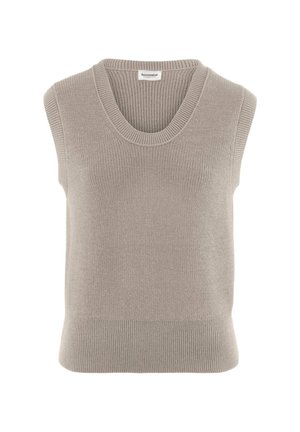 Ärmellose beige gestrickte Weste mit geripptem Rundhalsausschnitt und Saum, aus weichem Stoff, auf weißem Hintergrund dargestellt.