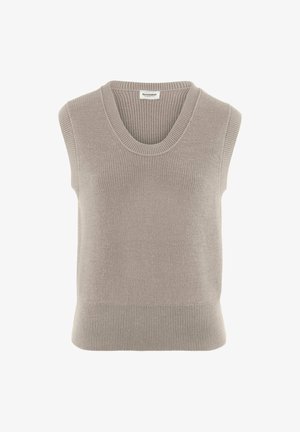 Ärmellose beige gestrickte Weste mit geripptem Rundhalsausschnitt und Saum, aus weichem Stoff, auf weißem Hintergrund dargestellt.