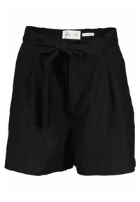 Shorts en lin noirs à taille haute, avec une ceinture nouée, des plis à l'avant et une coupe décontractée. Texture lisse et design minimal.