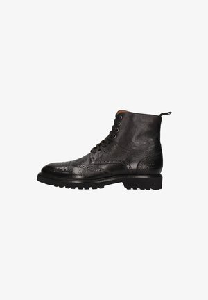 Black leather ankle boot featuring a textured design, brogue detailing, lace-up closure, and a rugged rubber sole.