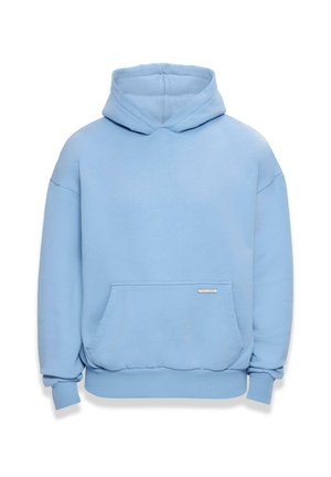 Light blue hoodie made of soft fabric, featuring a front pocket, ribbed cuffs, and an adjustable drawstring hood. Minimalist design with a logo accent.
