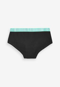 Shorts en coton noirs avec une taille légère en bleu et "NEXT" imprimé en rose. Le design est sans coutures et a une coupe taille mi-haute.