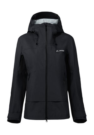 Schwarze wasserdichte Kapuzenjacke mit Frontreißverschluss, verstellbaren Kordelzügen an der Kapuze und Logo auf der linken Brust.