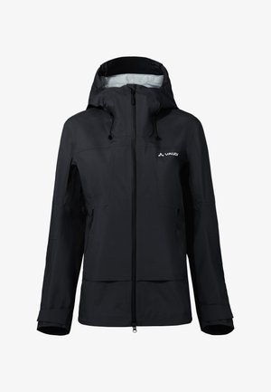 Schwarze wasserdichte Kapuzenjacke mit Frontreißverschluss, verstellbaren Kordelzügen an der Kapuze und Logo auf der linken Brust.