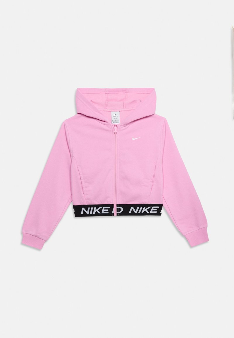 Sweat à capuche zippé rose avec capuche, manches longues, petit logo Nike blanc sur la poitrine et ceinture élastique noire avec texte "NIKE" répété.