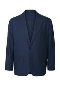 Blazer marine en tissu texturé. Doté d'un col cranté, d'une fermeture à un bouton et de deux poches avant. Coupe ajustée classique.