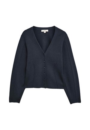 Marineblauwe cropped cardigan gemaakt van brei stof, met een V-hals, knoopsluiting aan de voorkant en twee zijzakken.