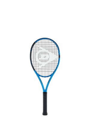 Raqueta de tenis con marco azul, empuñadura negra y patrón de cuerdas blancas con un diseño circular en el centro sobre un fondo blanco.